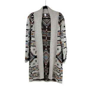 Mintee‎ 16 Womens Aztec Cardigan Sweater Grey Multicolor Geometric Open Front M